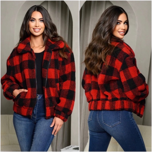 Blossom Boutique Jackets & Blazers - 1 LEFT! Buffalo Plaid Deep Red Black Warm Lined Bomber Zippered Jacket